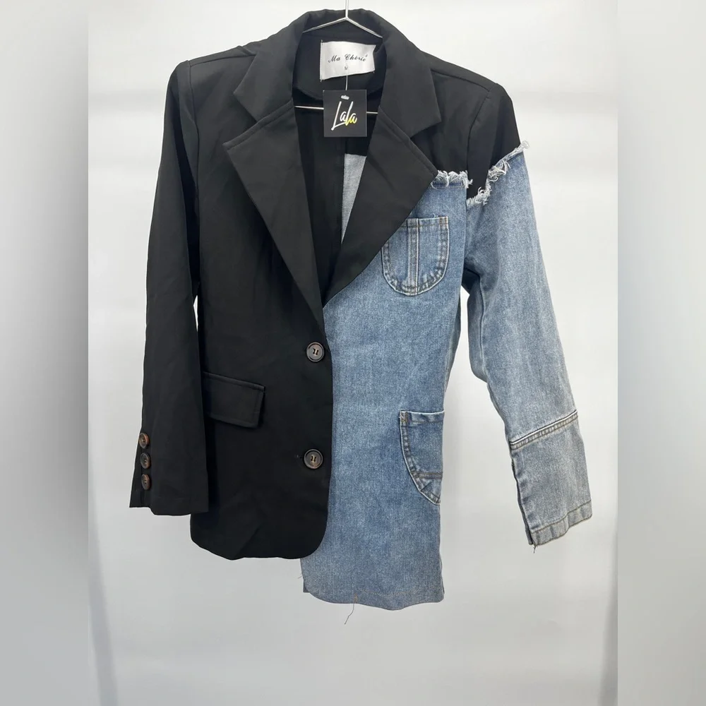 Women’s Jacket - Dressed in LALA Black and Denim Patchwork Blazer Size Medium - Picture 2 of 7